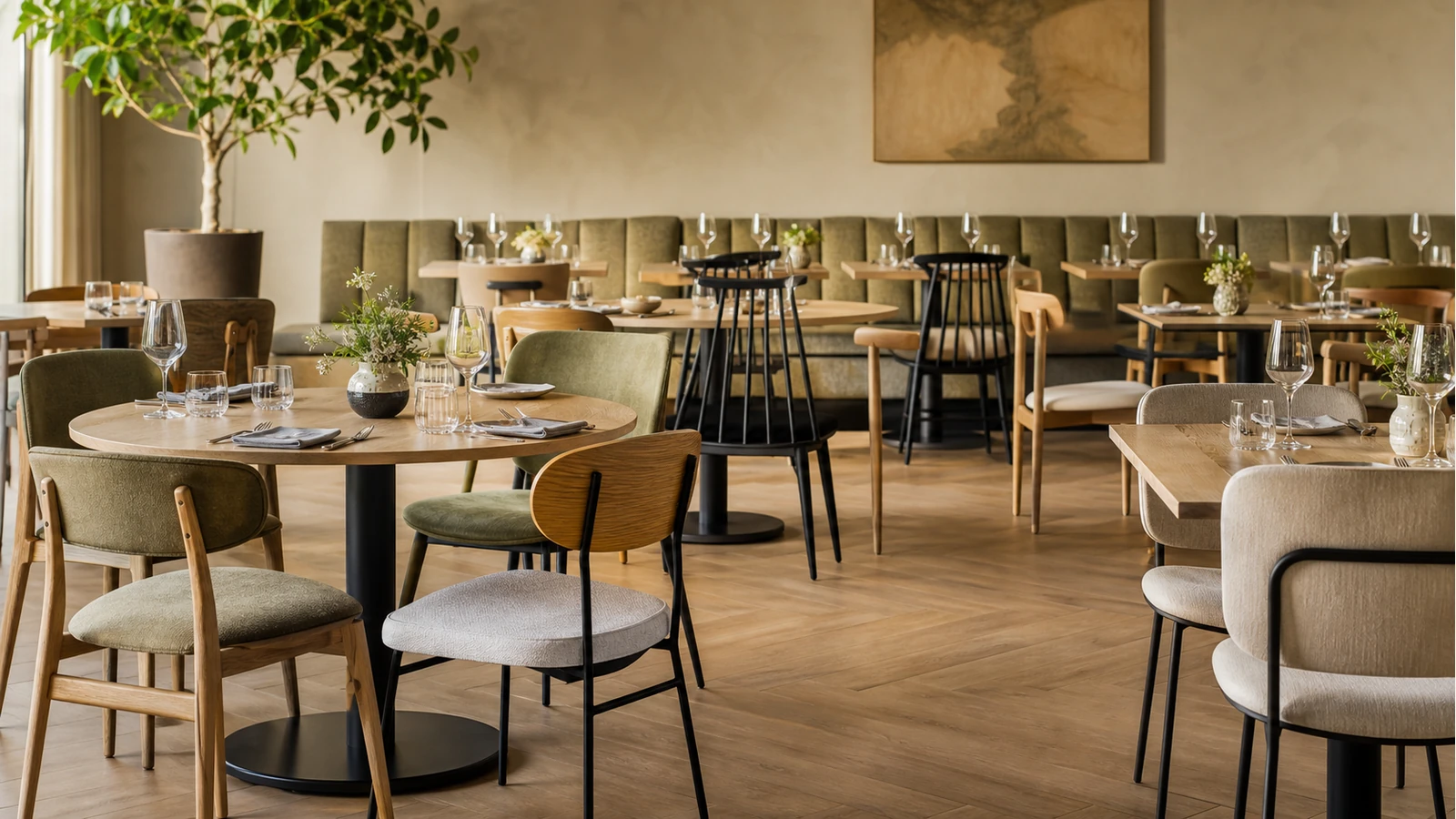 Professionelles redaktionelles Titelbild zum Beitrag: Stuhlmix im Restaurant: Wann verschiedene Modelle funktionieren und wann sie unruhig wirken